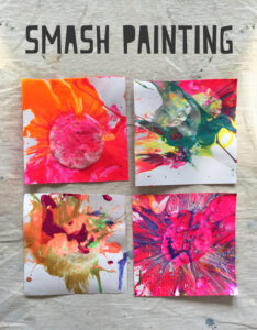 Kids use cotton rounds, mallets and paint to make mini smash paintings.