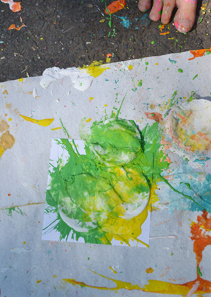 Kids use cotton rounds, mallets and paint to make mini smash paintings.