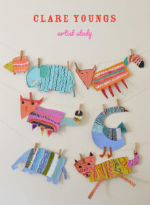 Kids study artist Clare Youngs and make cardboard animals from cereal boxes.