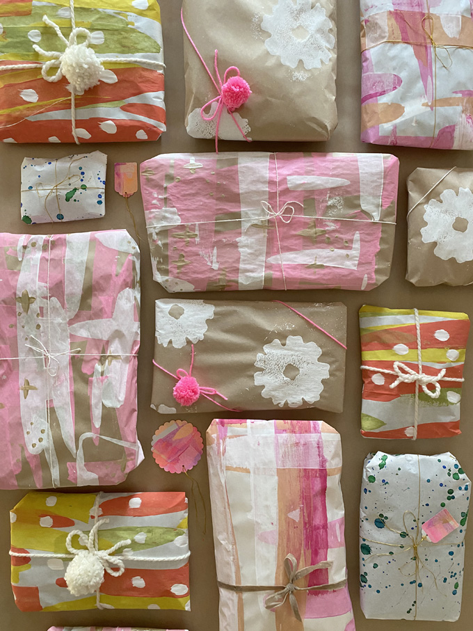 Make your own wrapping paper with butcher paper and tempera paint or watercolors! It's quick and easy and so gorgeous.
