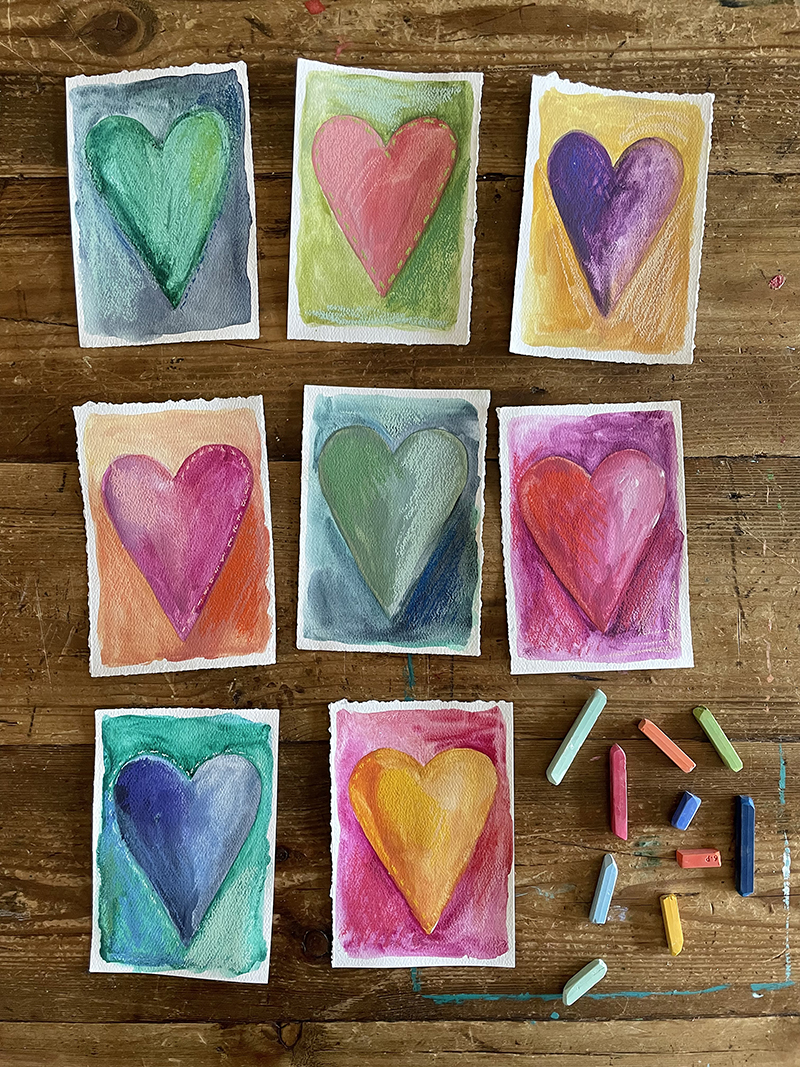 Make homemade Valentines with watercolors and chalk pastels.