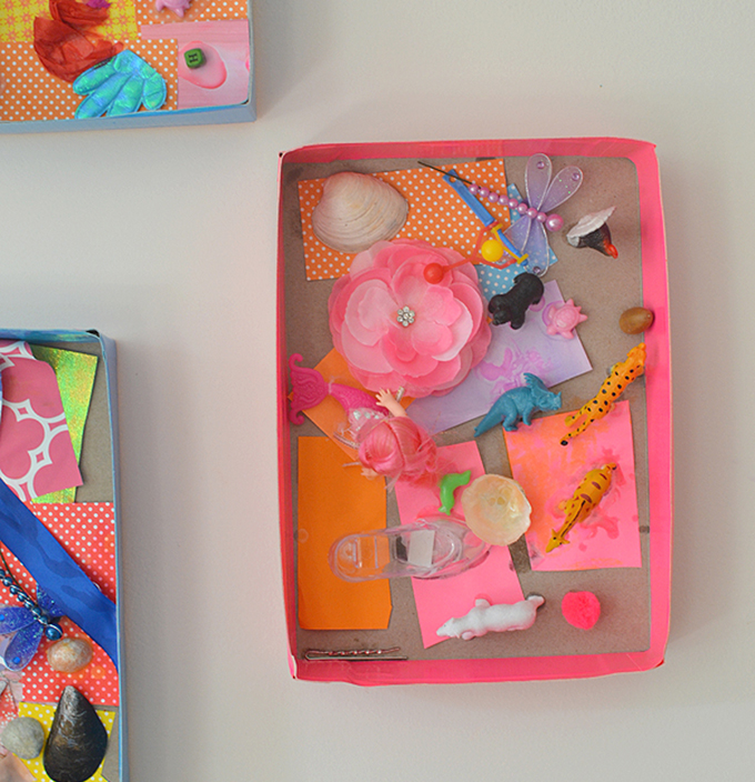 Repurpose small toys and collectables and make a 3-dimensional collage.