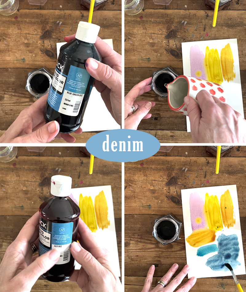 Mixing a denim blue color with liquid watercolor and small glass jars.