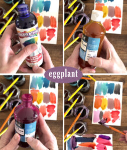 Mixing an eggplant purple color with liquid watercolor and small glass jars.