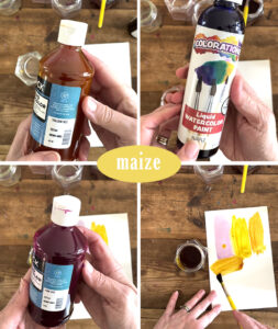 Mixing the yellow color maize with liquid watercolor and small glass jars.