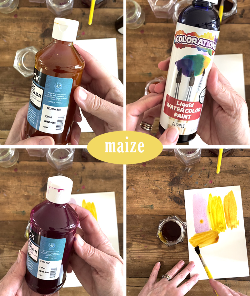 Mixing the yellow color maize with liquid watercolor and small glass jars.
