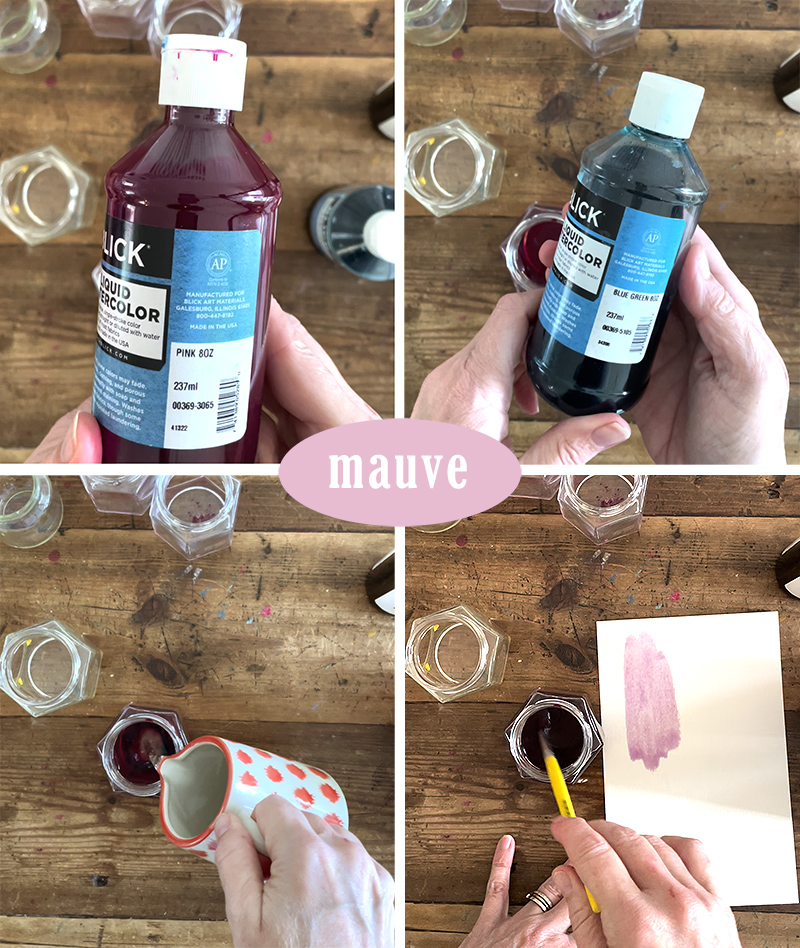 Mixing the color mauve with liquid watercolor and small glass jars.