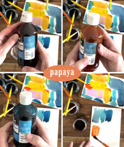 Mixing a papaya orange color with liquid watercolor and small glass jars.
