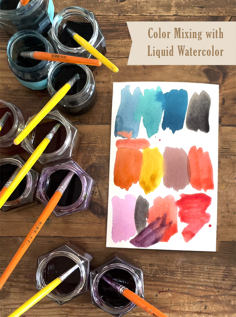 Color mixing with liquid watercolor paint and small jars.