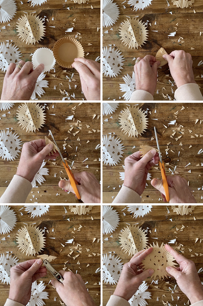 Paper snowflakes made from cupcake liners.