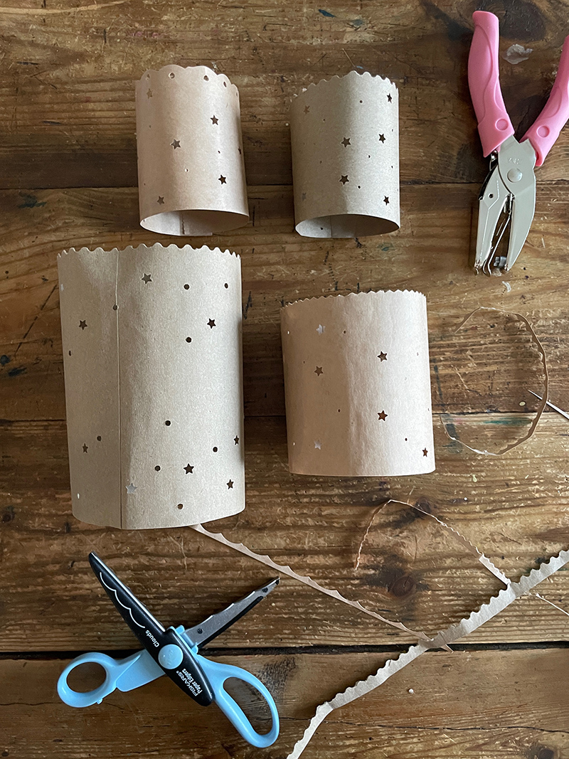 Paper bag luminaries using decorative scissors and star paper punch