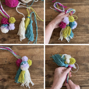 How to combine pom-poms and tassels to tie onto a book ring and make a hanger