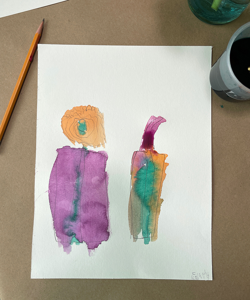 Flower still-life painting by young child using liquid watercolor.