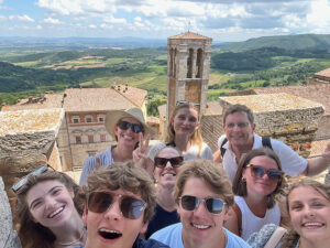 Photo op on top of the tower in Montepulciano, Italy