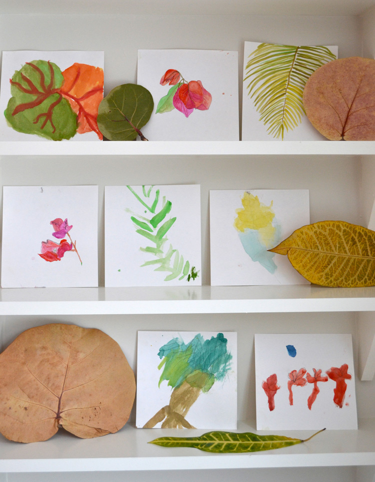 Children draw and paint leaves by observing them in nature.