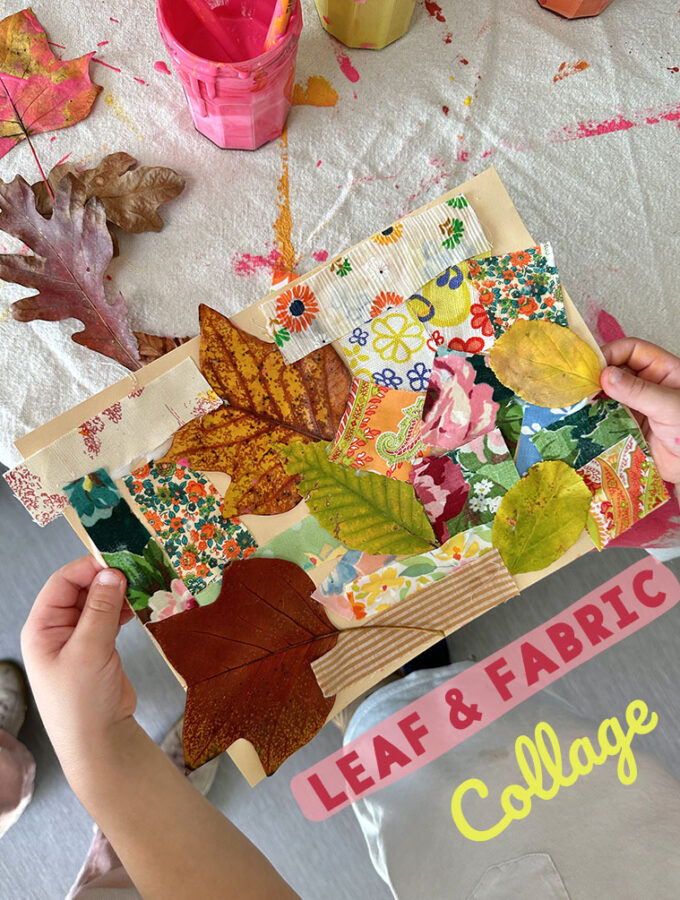 Children make mixed media collage with leaves, fabric scraps, and paint.