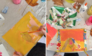 The transformation of a child's mixed-media artwork using tempera paints, leaves, and fabric.