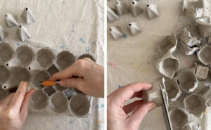 Cut the egg carton cups with an Xacto knife to make mushrooms.