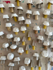 Add the stems to the egg carton mushrooms, you can use rigatoni and corks, too.