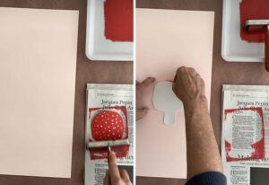 Red printing ink is rolled onto a mushroom carved from styrofoam, then pressed down onto paper.
