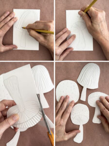 Using a dull pencil to draw mushrooms onto styrofoam, then cutting them out to use as a printing plate.