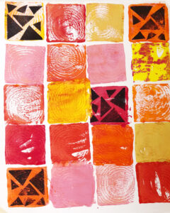 Printmaking with kids using wooden blocks.