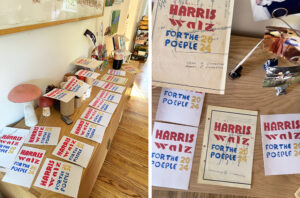 Rows of handmade Harris Walz prints lined up on a counter.