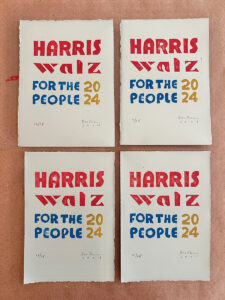 4 Harris Walz handmade collagraph prints in bright, primary colors.
