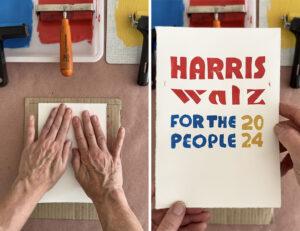 Pressing printing paper down onto a printing plate, then pulling a print with Harris Walz typography.