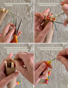 Steps 8-11 on how to finish the end of a tube knitting made with a tp roll.